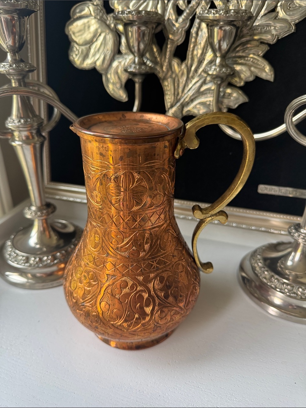 The Silk Road engraved Copper Pitcher with Brass Handle Copper Accent